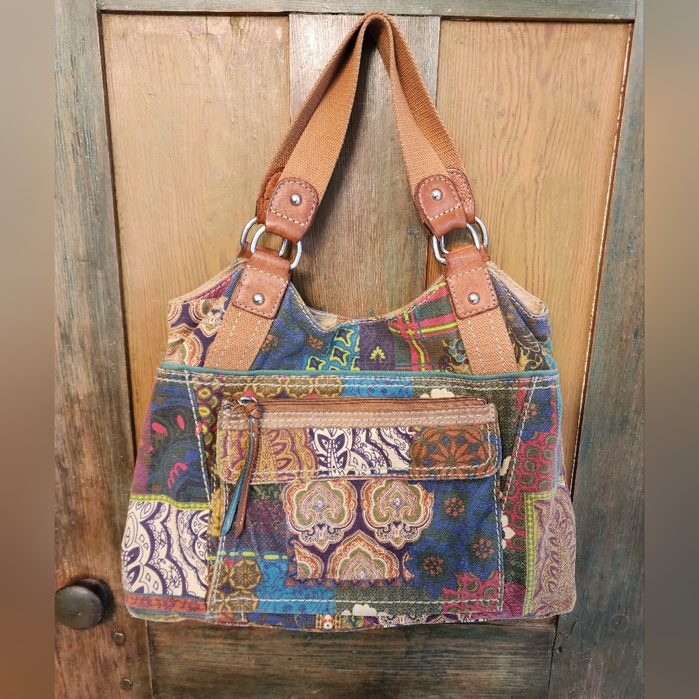 Fossil Multicolor Patchwork Canvas Shoulder Bag with Tan Leather Trim